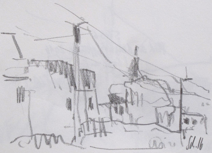 Blick aus dem Zugfenster, Solingen, Nr. 5656 / Bleistift auf Papier